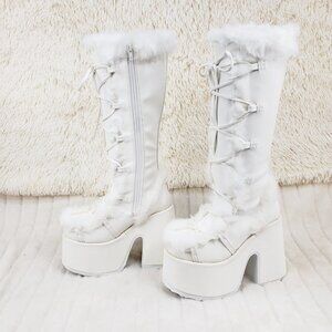 Camel 311 White furry goth punk Platform Knee Boot